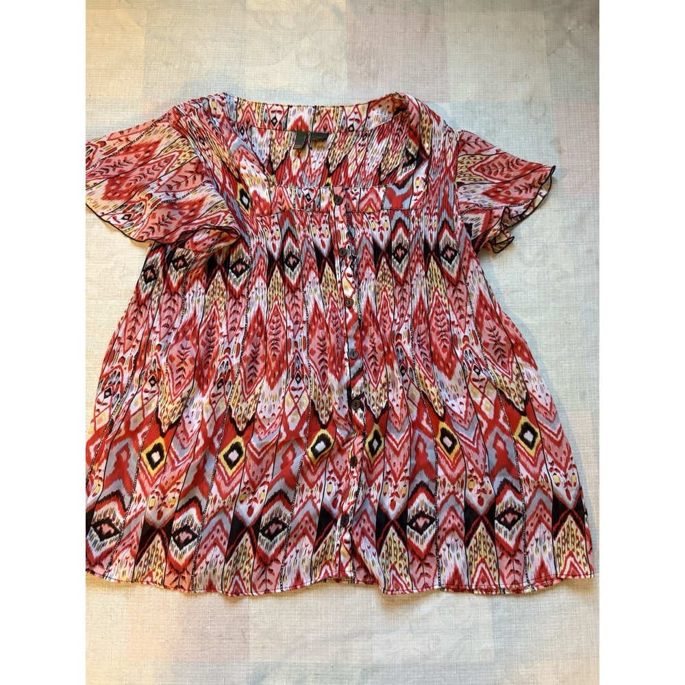 Jones New York Signature Women's 2X Plus Red Multi Print Button Blouse Top—1
